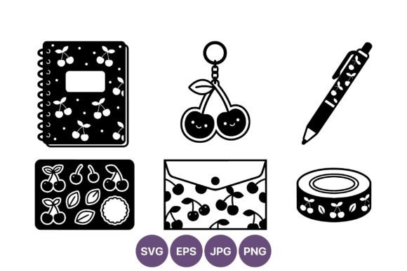 Cherry Pattern Stationery Set Black and Graphics