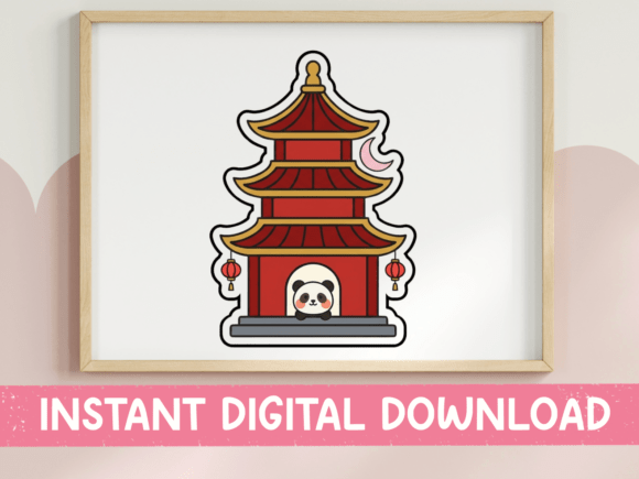 Kawaii Panda Pagoda Chinese Temple Graphics